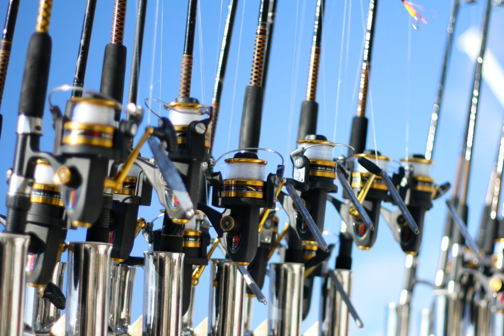 Row of fishing rods with reels against a clear blue sky.