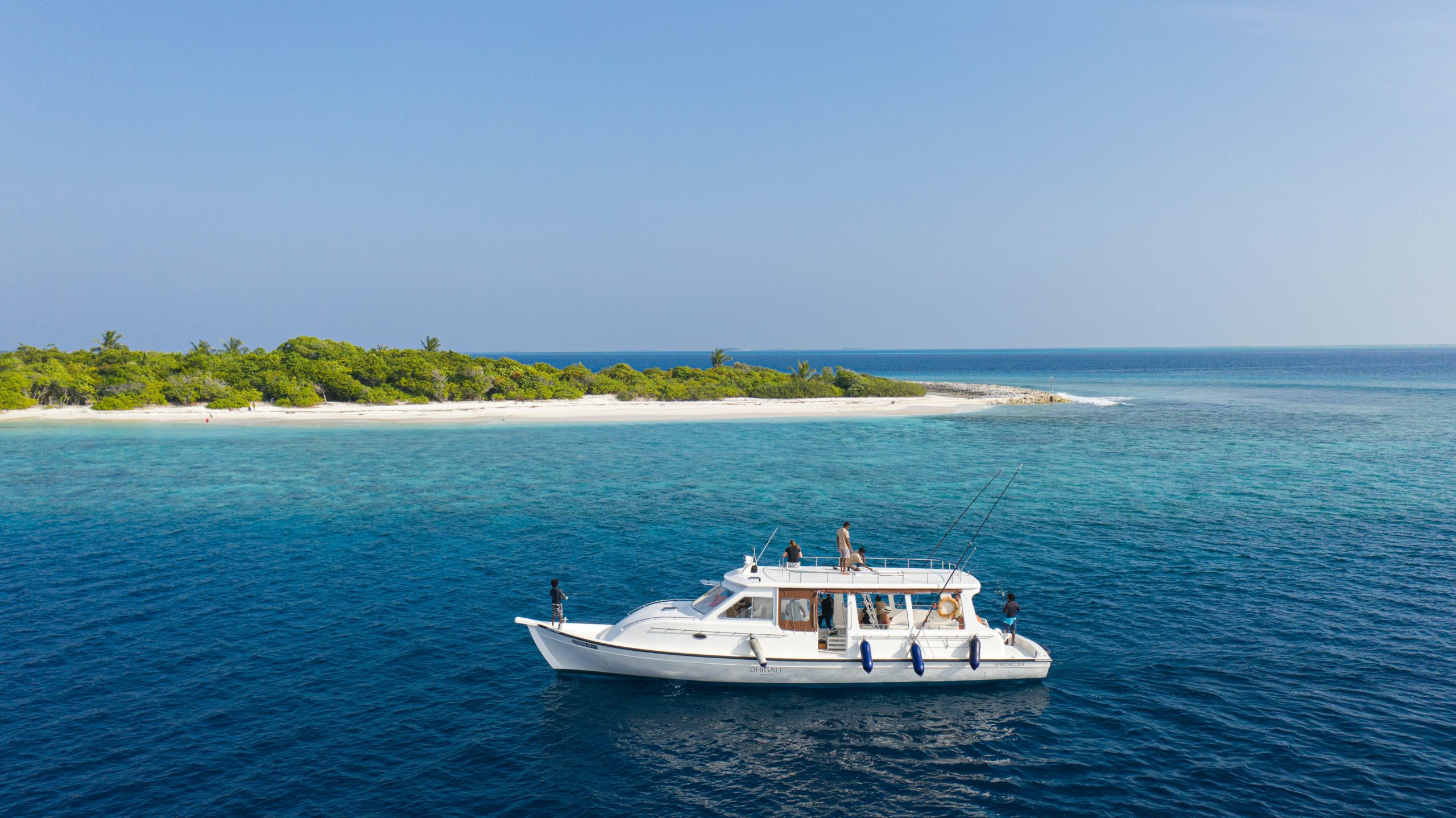 White boat on blue sea near a green island under clear sky.